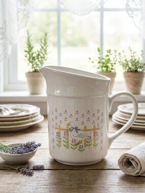 Vintage 80s Country Goose Stoneware Pitcher Blue Bow Pink Tulips Farmhouse 6"